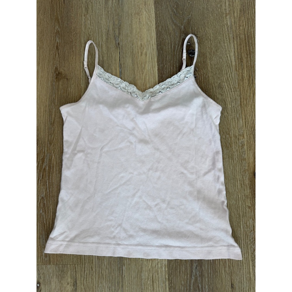 Y2K Coquette Boho Balletcore Camisole Women M Pink Lace Trim Beaded Cotton Tank